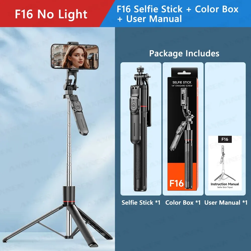 Trépied perche à selfie F16 à 8 sections (1708 mm), télécommande Bluetooth, rotation à 360°, filetage 1/4", compatible smartphone et caméra vlog 8