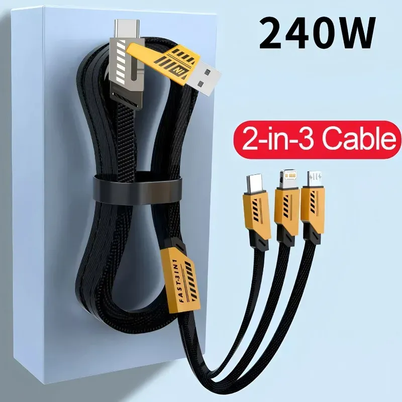 Câble de charge multiple 240 W 3 en 2, 1,2 m, charge rapide, compatible Type-C et Micro USB 4