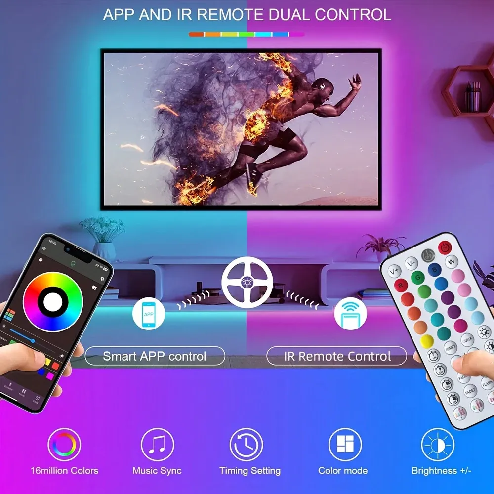 Bande LED intelligente synchronisée à la musique, contrôlable par application, ruban lumineux flexible pour décoration de fête à domicile et rétroéclairage de téléviseur 3