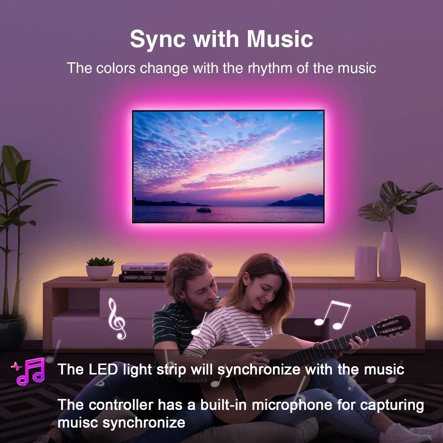 Bande LED intelligente synchronisée à la musique, contrôlable par application, ruban lumineux flexible pour décoration de fête à domicile et rétroéclairage de téléviseur 4