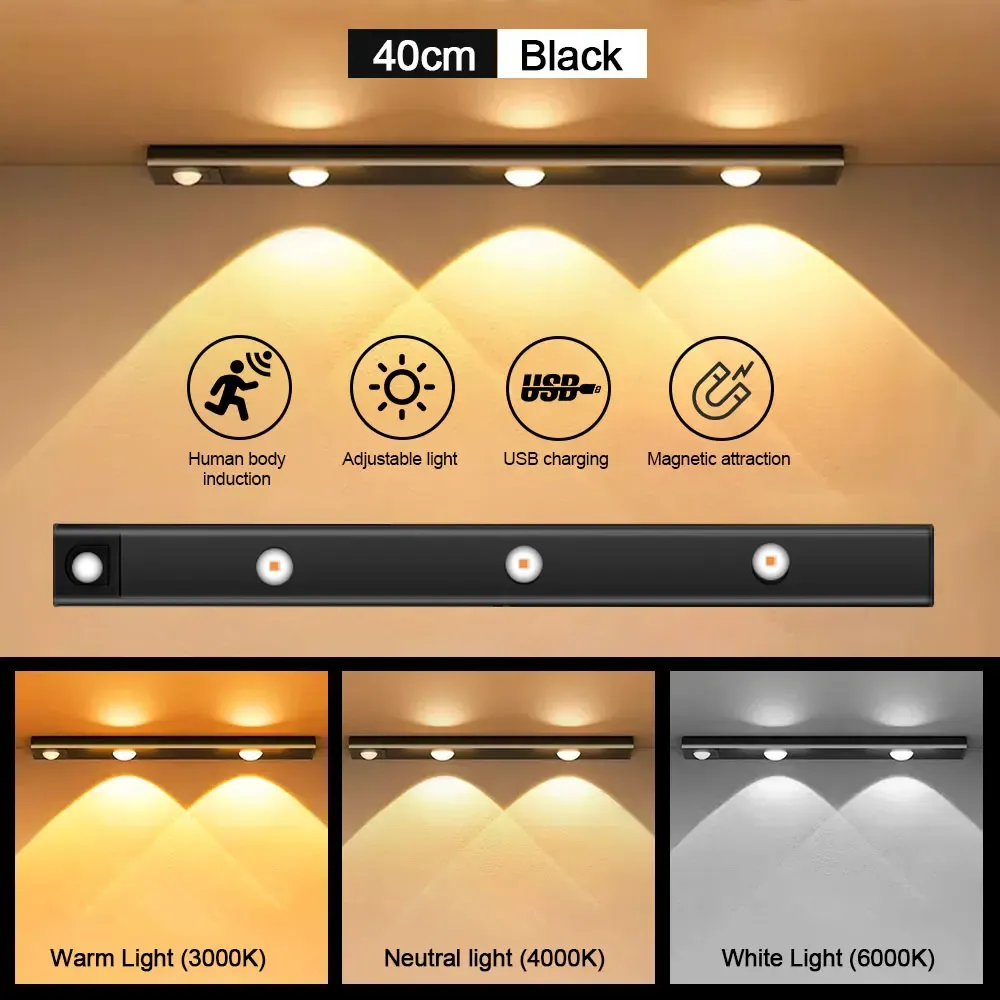 Veilleuse LED ultra-fine sans fil avec détecteur de mouvement, rechargeable par USB, pour éclairage d'armoire, de cuisine et de chambre 8