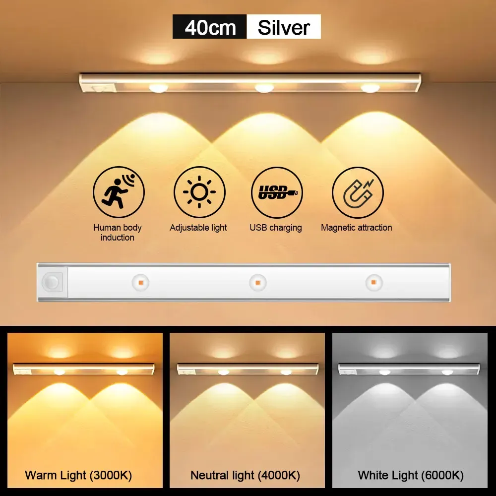 Veilleuse LED ultra-fine sans fil avec détecteur de mouvement, rechargeable par USB, pour éclairage d'armoire, de cuisine et de chambre 12