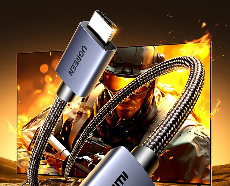 Câble HDMI UGREEN affichant une image 8K sur grand écran