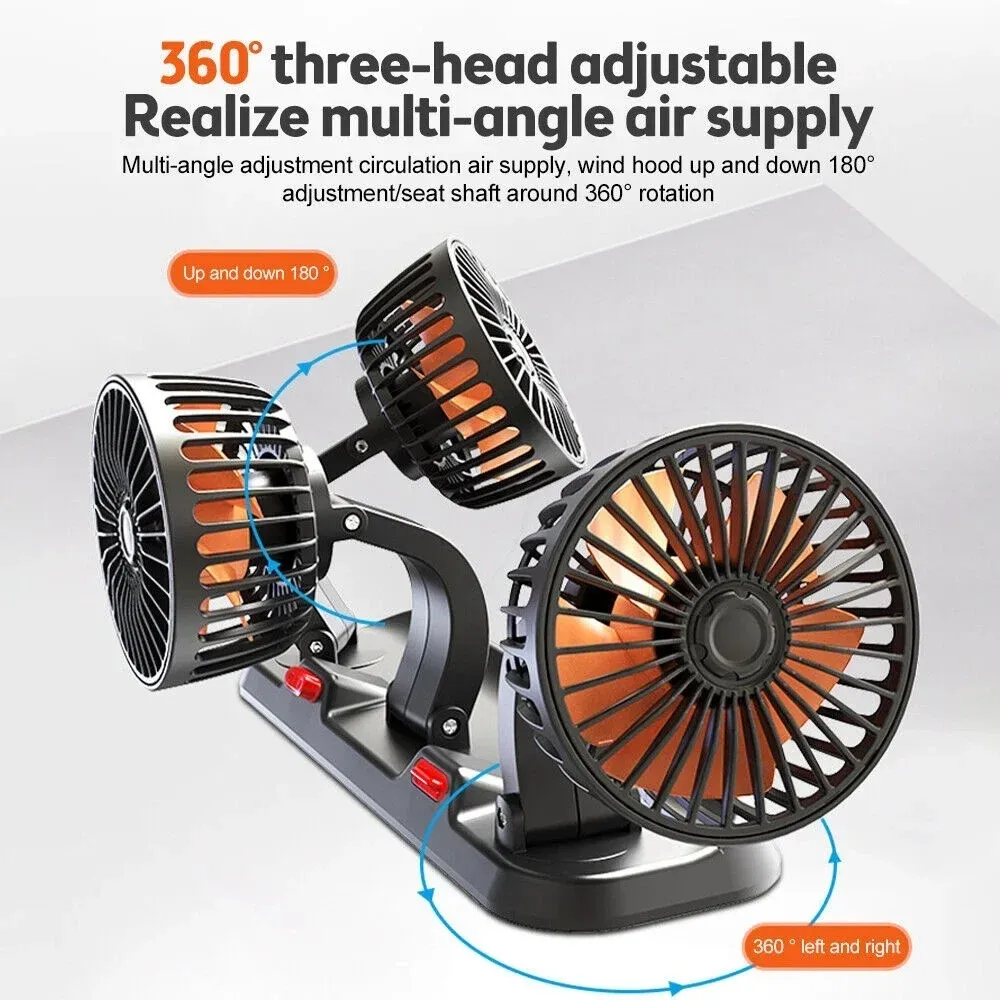 Ventilateur électrique silencieux pour voiture, orientable à 360°, 3 têtes, USB, 12 V/24 V, 2 vitesses, pour bureau et véhicule 2