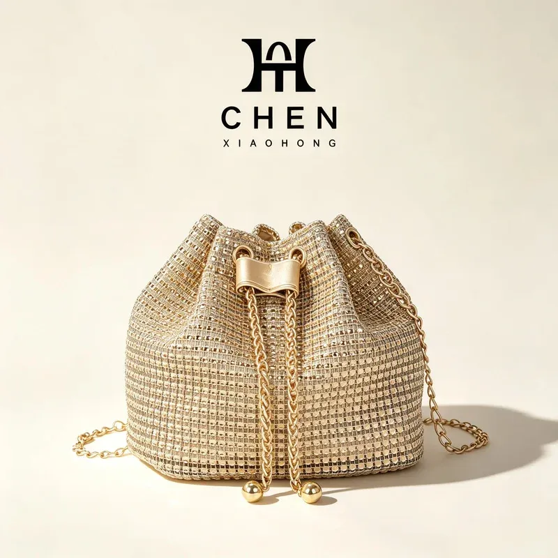 Sac seau bandoulière pour femme à cordon orné de strass, polyvalent pour un usage quotidien et formel