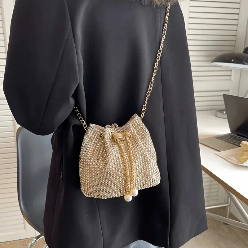Sac seau bandoulière pour femme à cordon orné de strass, polyvalent pour un usage quotidien et formel 2