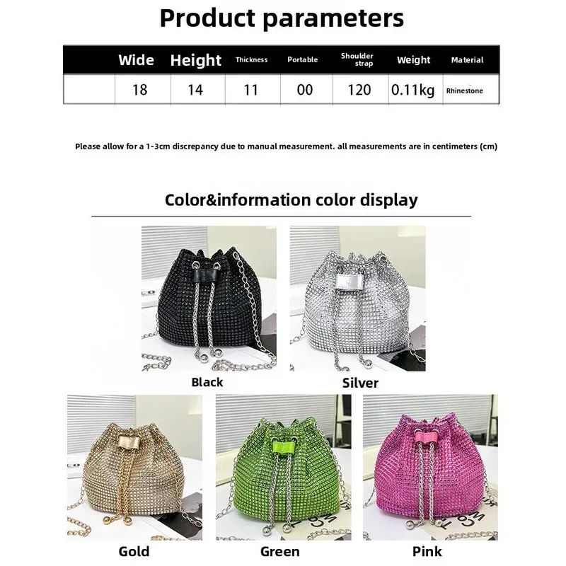 Sac seau bandoulière pour femme à cordon orné de strass, polyvalent pour un usage quotidien et formel 3