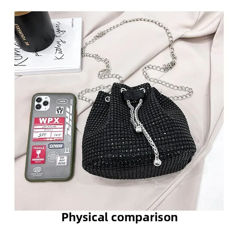 Sac seau bandoulière pour femme à cordon orné de strass, polyvalent pour un usage quotidien et formel 4