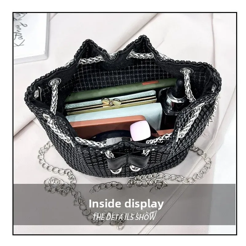 Sac seau bandoulière pour femme à cordon orné de strass, polyvalent pour un usage quotidien et formel 5
