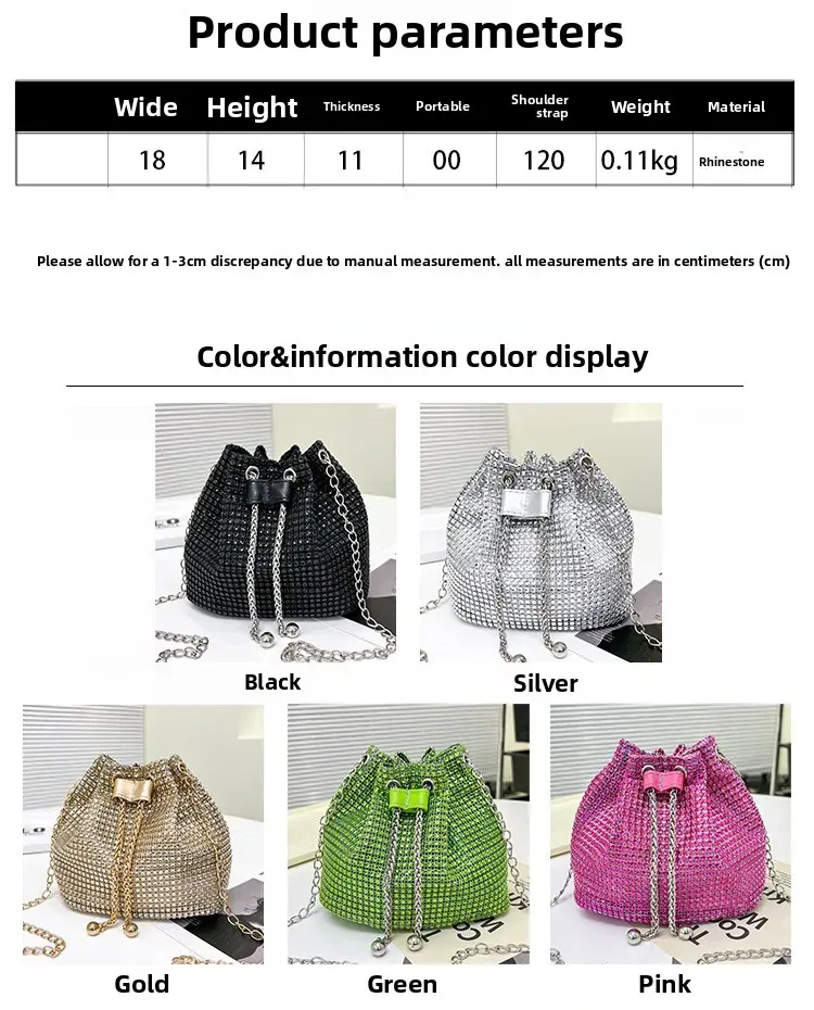 Vue d'ensemble du sac bandoulière seau pour femme avec cordon orné de strass