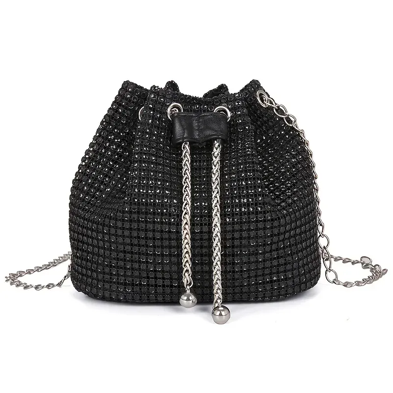 Sac seau bandoulière pour femme à cordon orné de strass, polyvalent pour un usage quotidien et formel 10