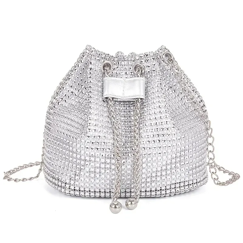 Sac seau bandoulière pour femme à cordon orné de strass, polyvalent pour un usage quotidien et formel 11