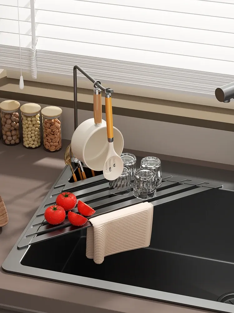 Égouttoir pliable pour évier de cuisine avec barre porte-serviettes, égouttoir réglable pour vaisselle, verres, casseroles et poêles - Image 1