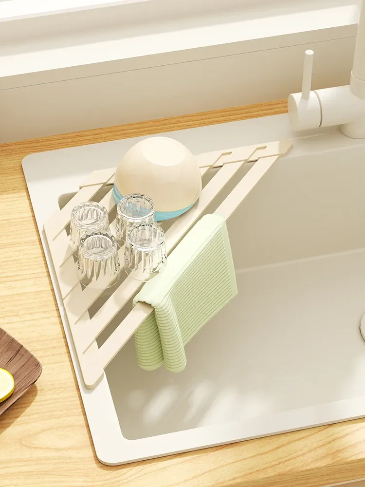 Égouttoir pliable pour évier de cuisine avec barre porte-serviettes, égouttoir réglable pour vaisselle, verres, casseroles et poêles 2