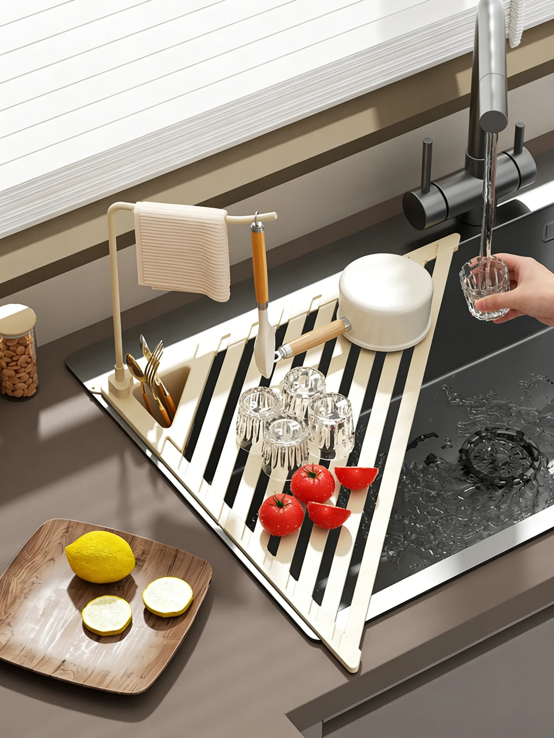 Égouttoir pliable pour évier de cuisine avec barre porte-serviettes, égouttoir réglable pour vaisselle, verres, casseroles et poêles 3
