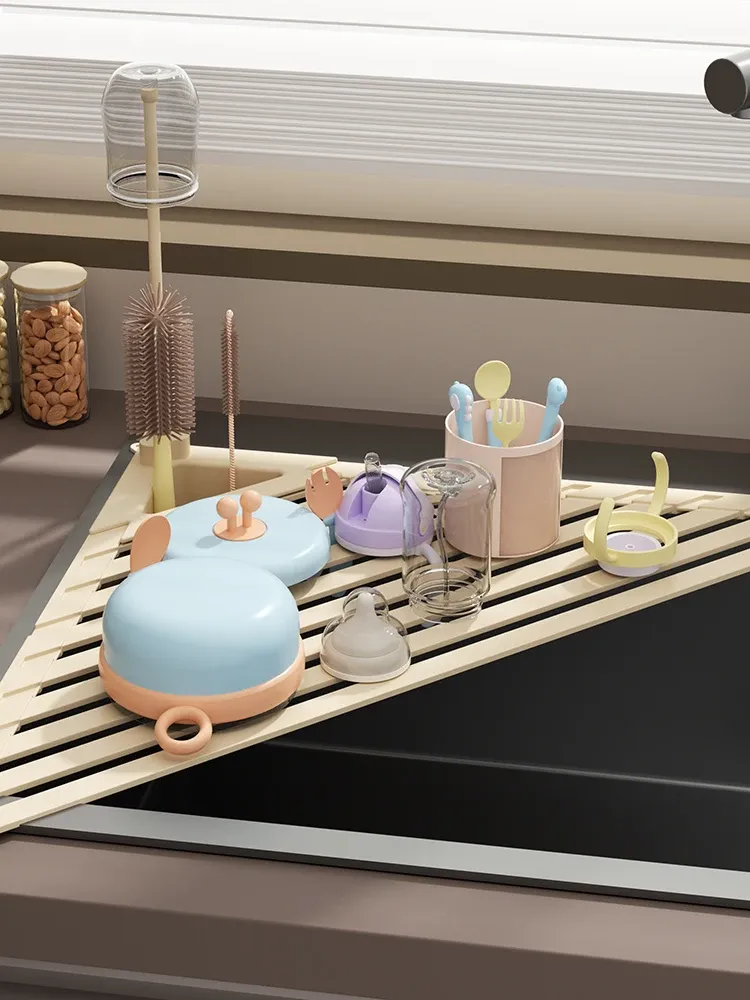 Égouttoir pliable pour évier de cuisine avec barre porte-serviettes, égouttoir réglable pour vaisselle, verres, casseroles et poêles 5