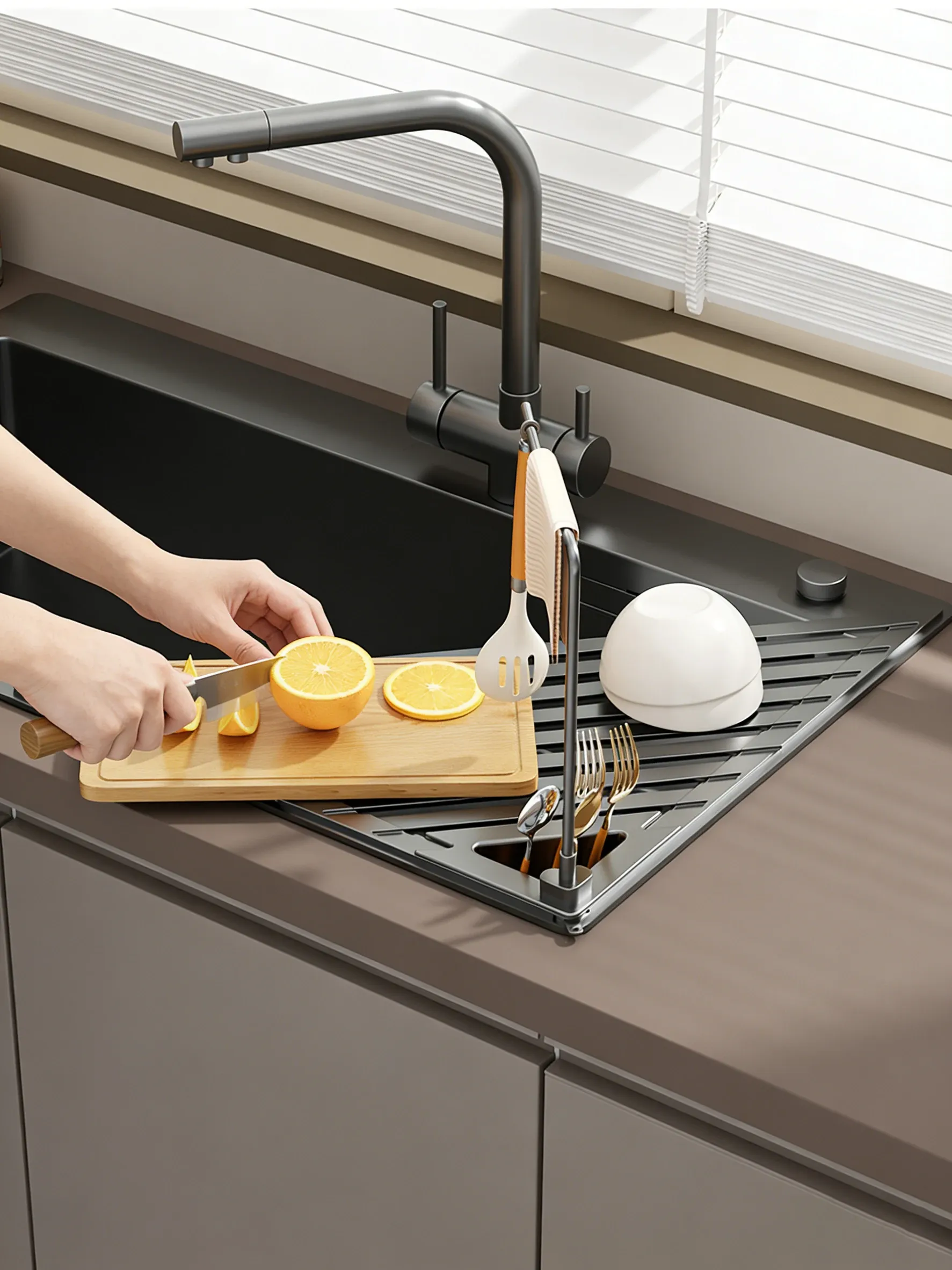 Égouttoir pliable pour évier de cuisine avec barre porte-serviettes, égouttoir réglable pour vaisselle, verres, casseroles et poêles 6
