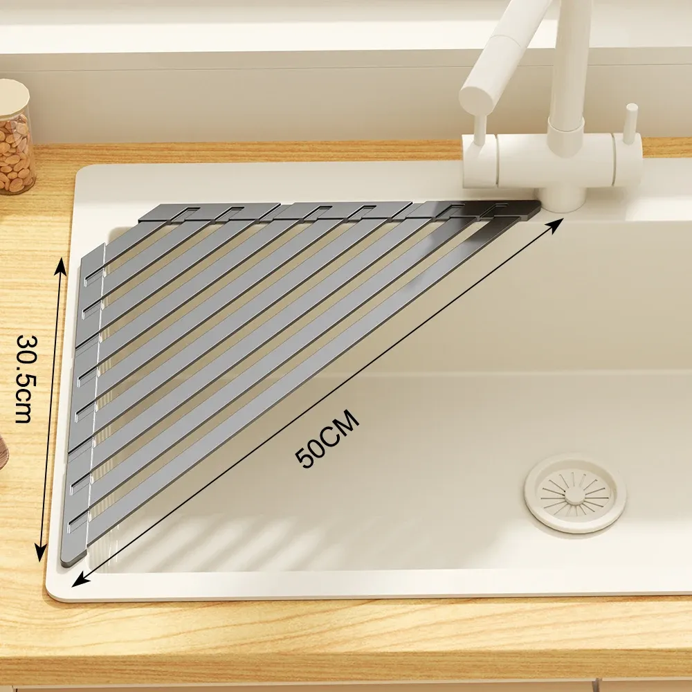 Égouttoir pliable pour évier de cuisine avec barre porte-serviettes, égouttoir réglable pour vaisselle, verres, casseroles et poêles 10
