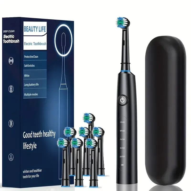 Brosse à dents électrique rotative rechargeable et étanche avec minuterie, livrée avec 8 têtes