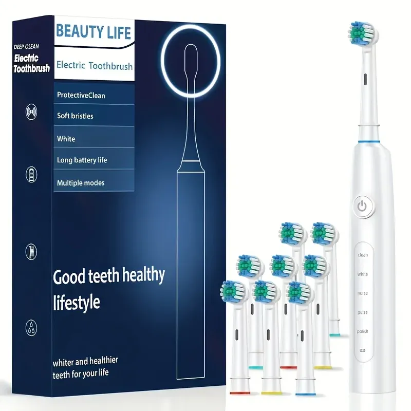 Brosse à dents électrique rotative rechargeable et étanche avec minuterie, livrée avec 8 têtes 11
