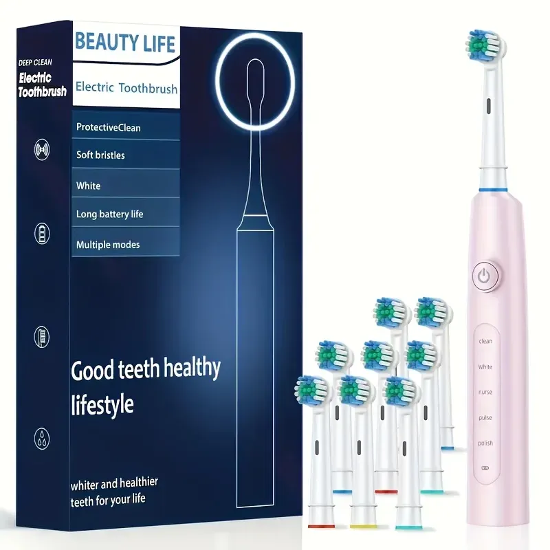 Brosse à dents électrique rotative rechargeable et étanche avec minuterie, livrée avec 8 têtes 9