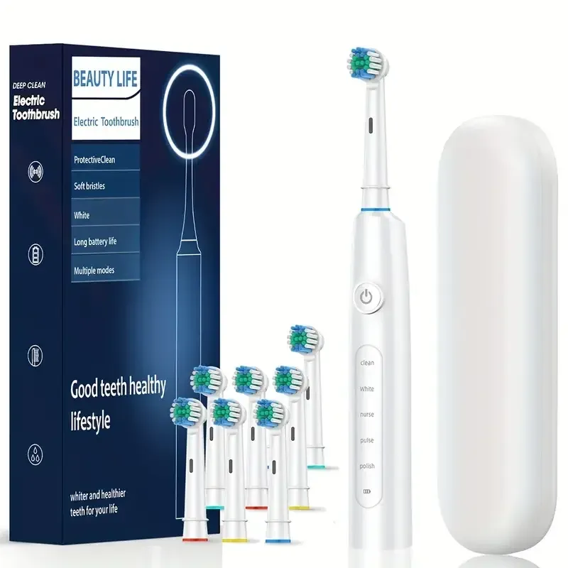 Brosse à dents électrique rotative rechargeable et étanche avec minuterie, livrée avec 8 têtes 10