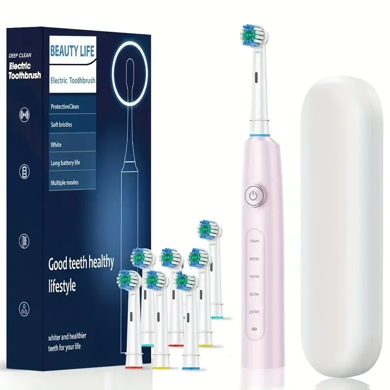 Brosse à dents électrique rotative rechargeable et étanche avec minuterie, livrée avec 8 têtes 8