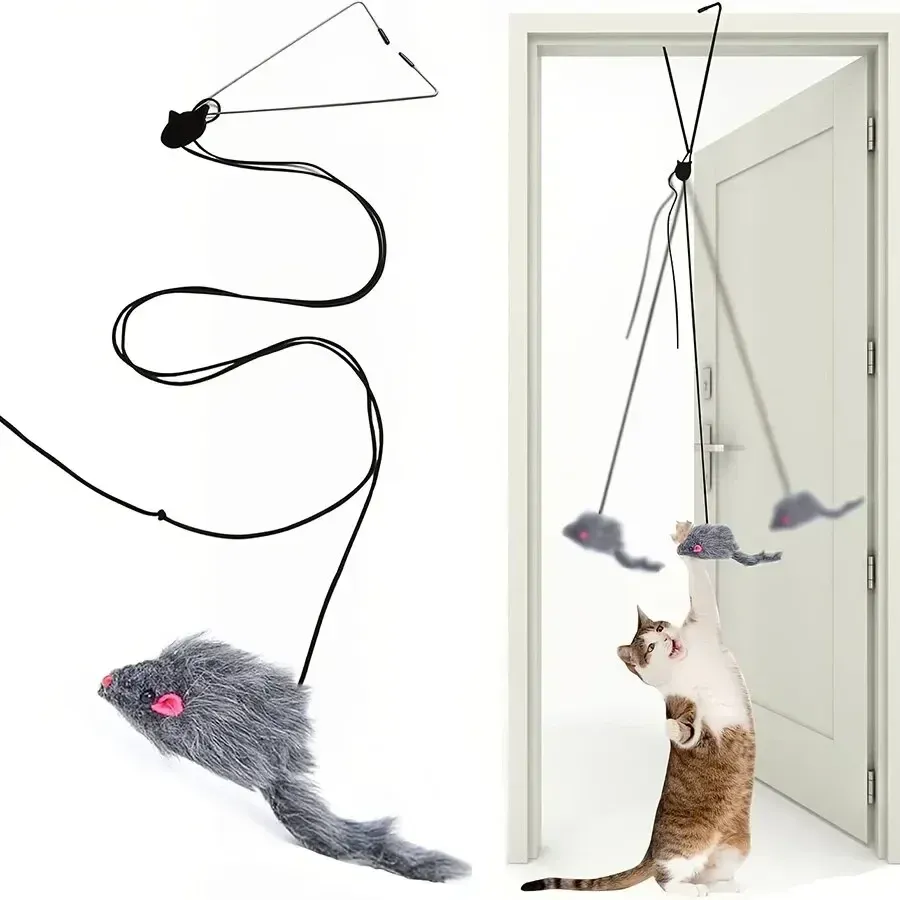 Jouet interactif souris pour chat avec bâton rétractable et corde à gratter à suspendre