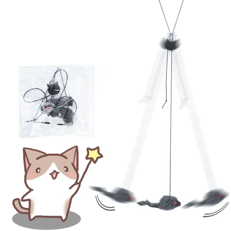 Jouet interactif souris pour chat avec bâton rétractable et corde à gratter à suspendre 4