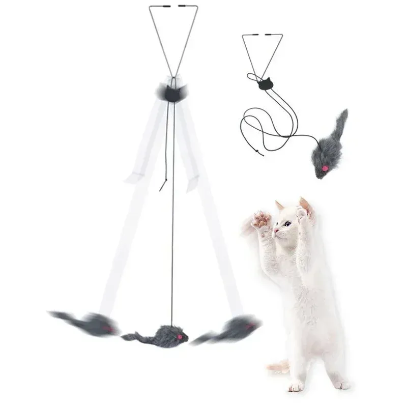 Jouet interactif souris pour chat avec bâton rétractable et corde à gratter à suspendre 5