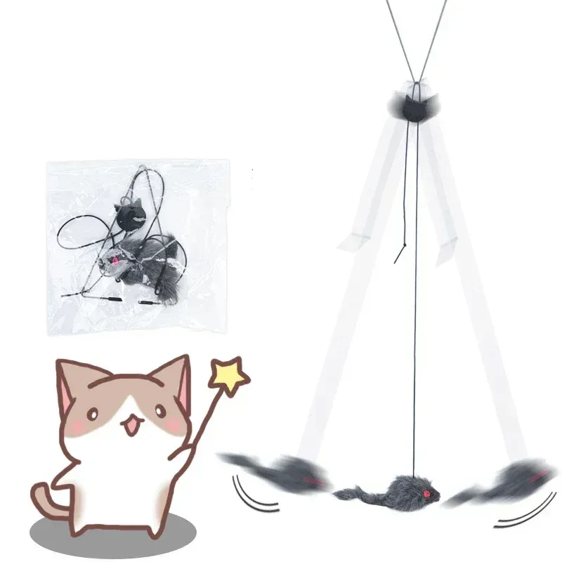 Jouet interactif souris pour chat avec bâton rétractable et corde à gratter à suspendre 7