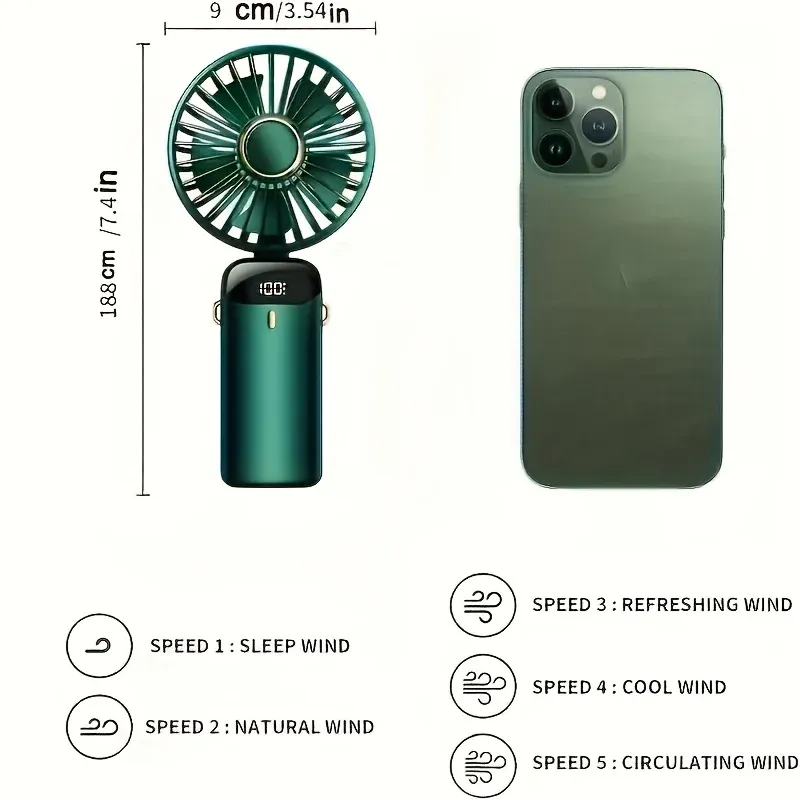 Mini Ventilateur Portable Pliable à 6 Vitesses, Rechargeable par USB avec LED, Silencieux, Idéal pour le Bureau, la Chambre, le Voyage et le Camping 6