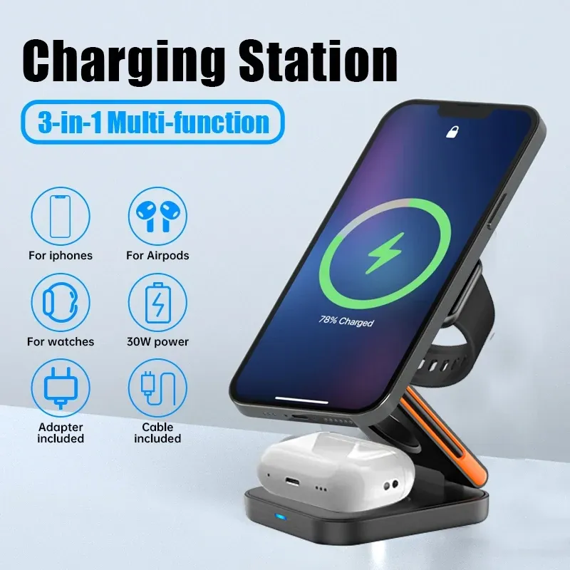 Station de charge pliable 3 en 1, chargeur sans fil magnétique rapide, support pour iPhone 17, 16, 15, 14, 13, 12, Apple Watch 8, 7, 6 et AirPods Pro 2