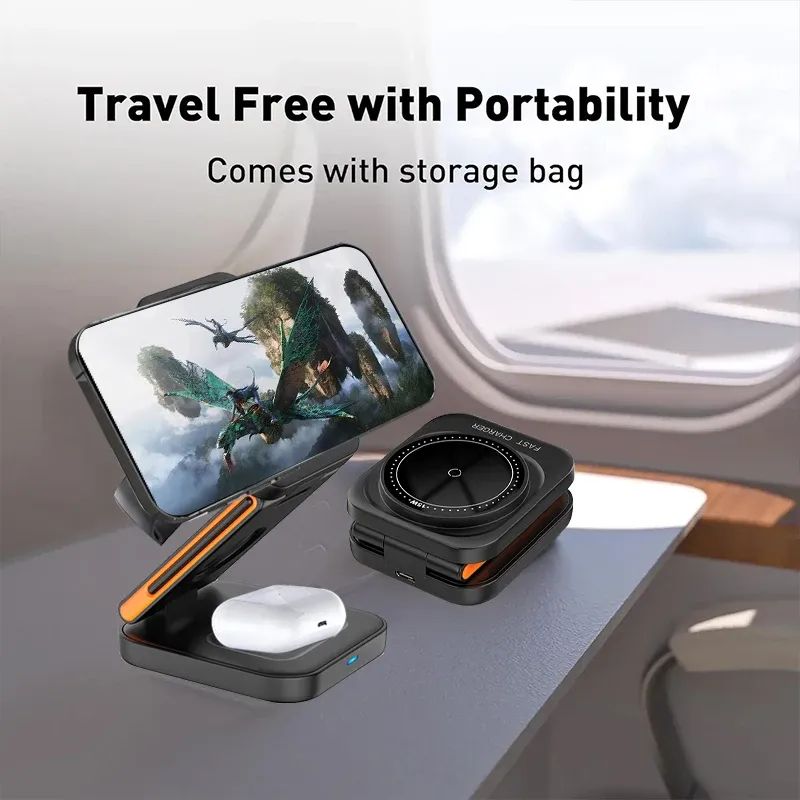 Station de charge pliable 3 en 1, chargeur sans fil magnétique rapide, support pour iPhone 17, 16, 15, 14, 13, 12, Apple Watch 8, 7, 6 et AirPods Pro 4