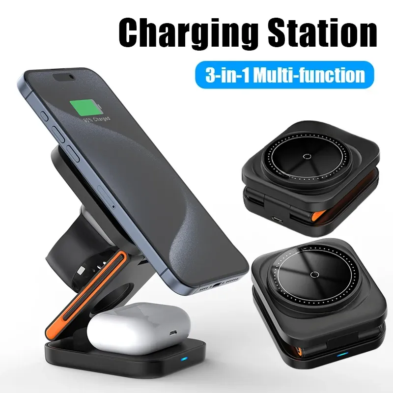 Station de charge pliable 3 en 1, chargeur sans fil magnétique rapide, support pour iPhone 17, 16, 15, 14, 13, 12, Apple Watch 8, 7, 6 et AirPods Pro 6