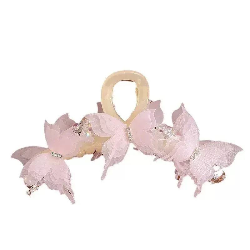Pince à griffes papillon transparente bleu clair/rose, pince à cheveux Fairycore en perles et strass, accessoire pour cheveux romantique élégant 2