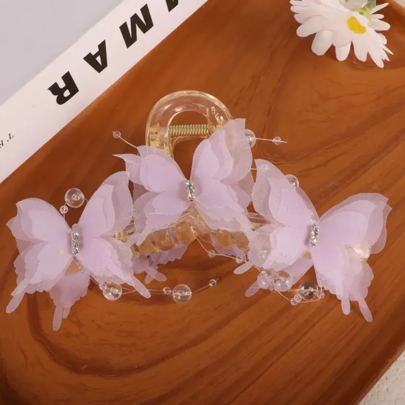 Pince à griffes papillon transparente bleu clair/rose, pince à cheveux Fairycore en perles et strass, accessoire pour cheveux romantique élégant 13