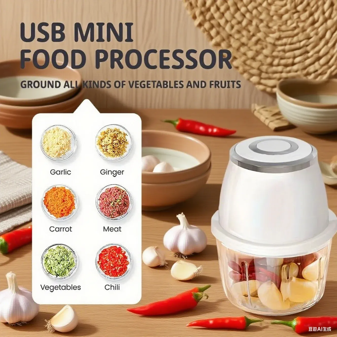 Hachoir électrique multifonction 350 ml, broyeur d'aliments avec presse-ail et trancheur de légumes, rechargeable USB 3