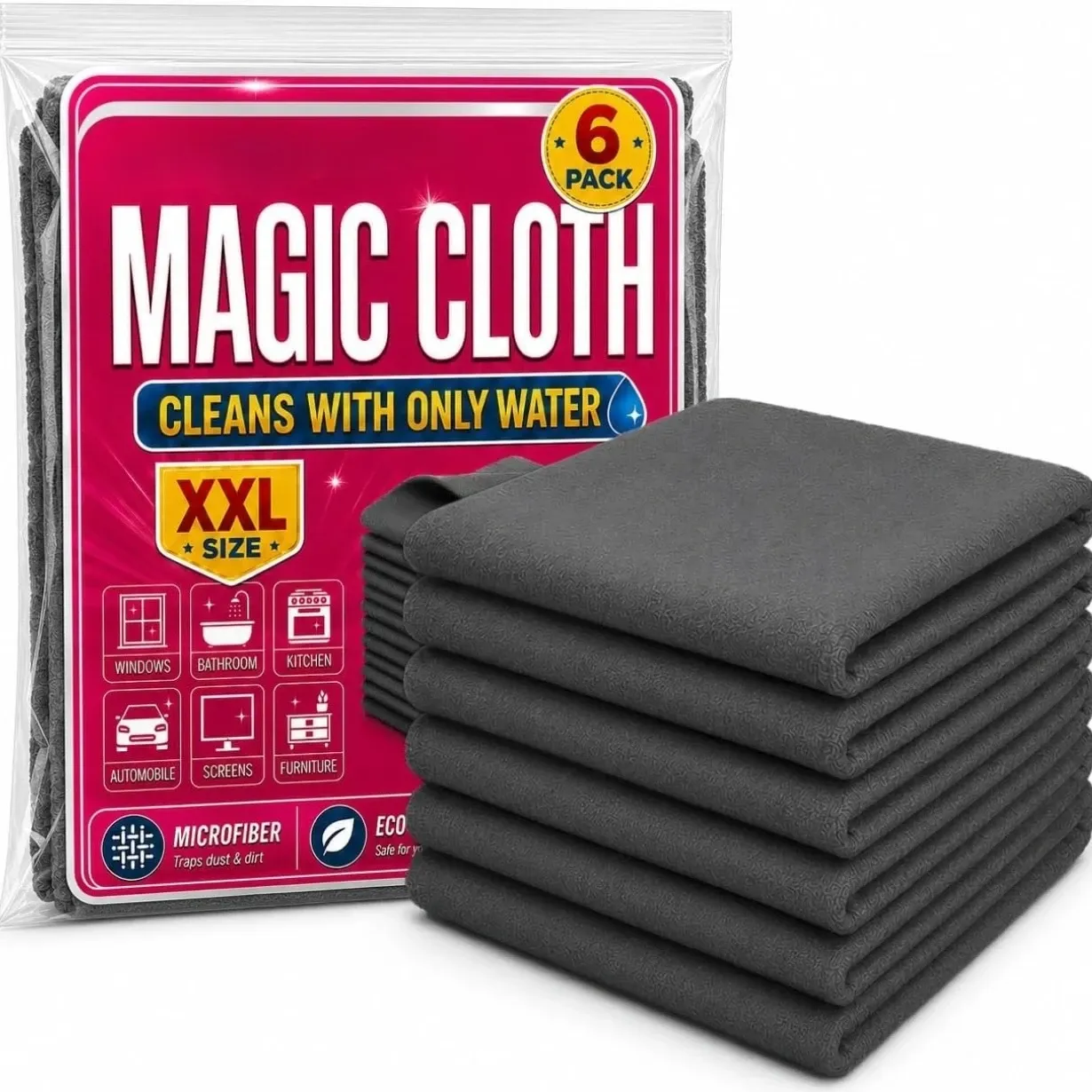 Lot de 6 chiffons de nettoyage microfibre Genie pour verre, vitres, inox et écrans de voiture - Image 1