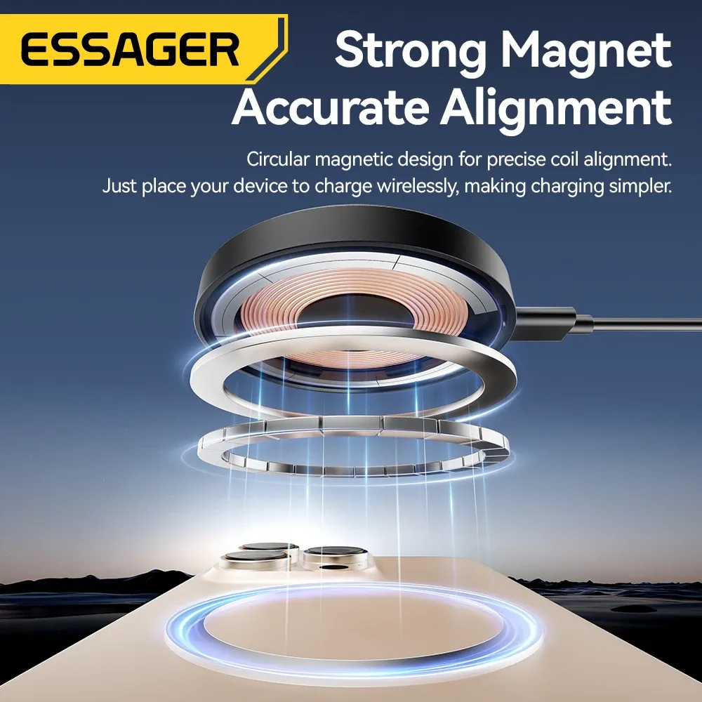 Chargeur sans fil magnétique Essager avec support, charge rapide 15 W pour iPhone et AirPods 4