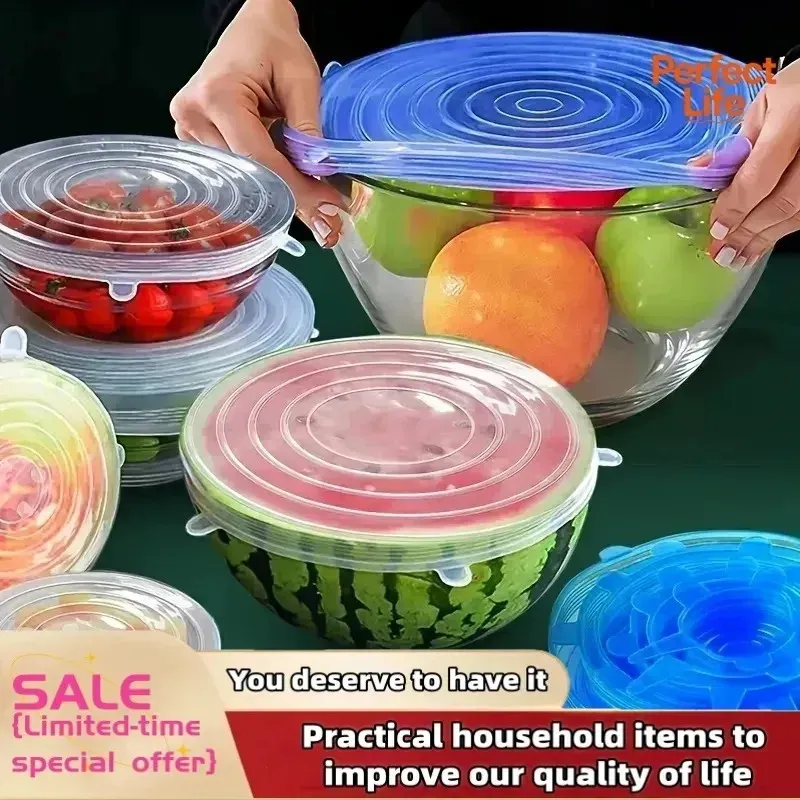 Couvercles extensibles en silicone, lot de 6, réutilisables, pour bols et conservation des aliments - Image 1
