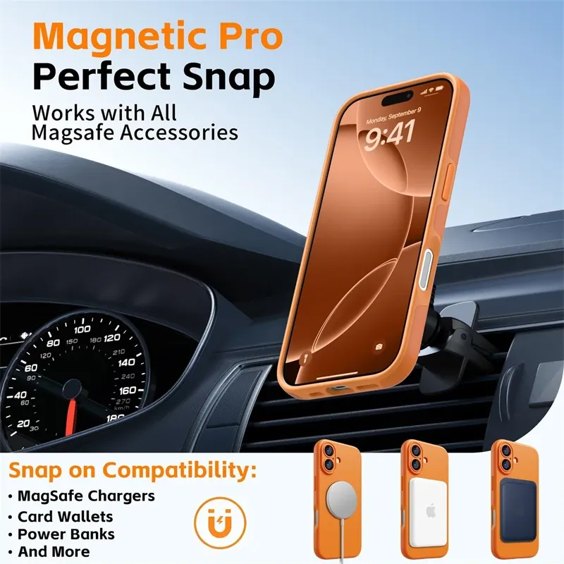 Coque magnétique en silicone souple orange compatible MagSafe pour iPhone 12 à 17 Pro Max 5