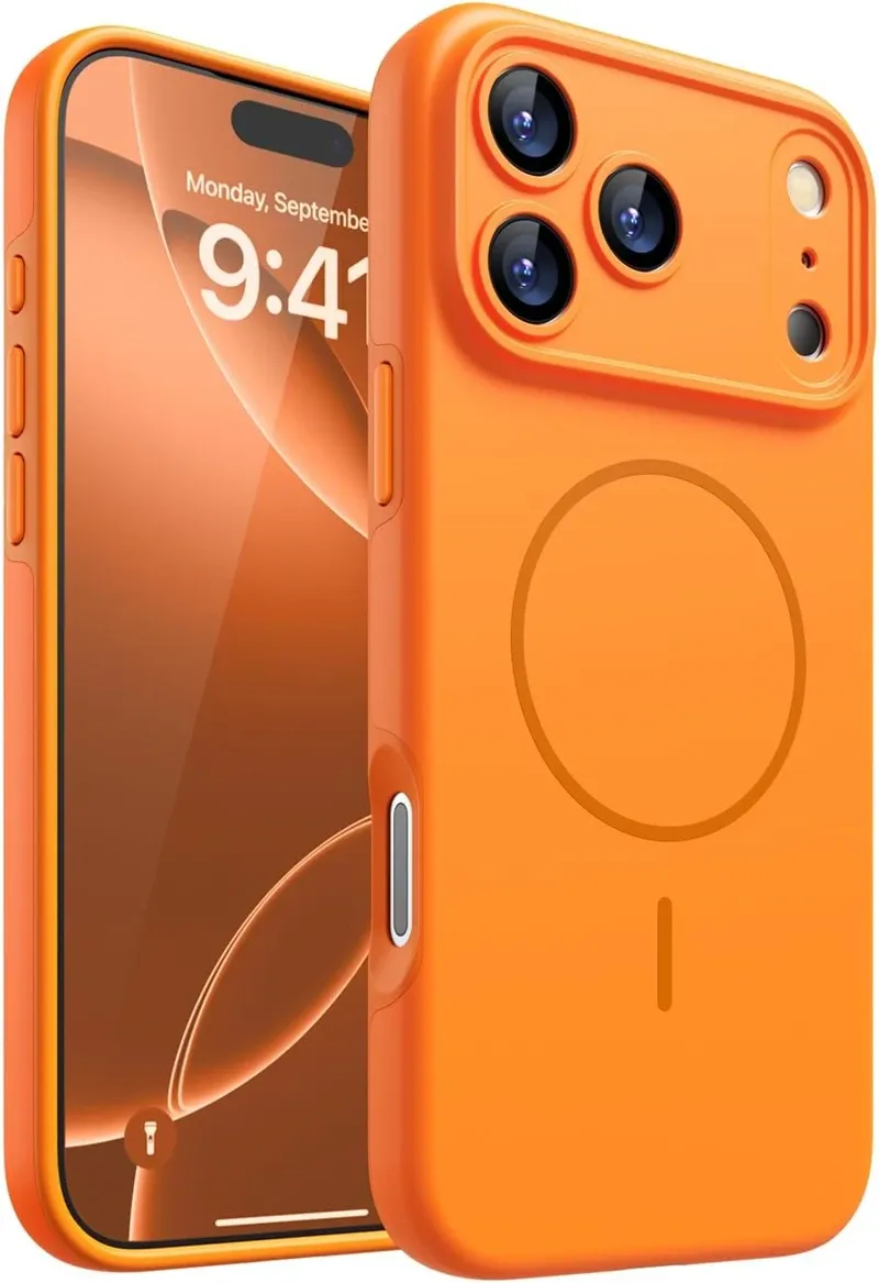 Coque magnétique en silicone souple orange compatible MagSafe pour iPhone 12 à 17 Pro Max 9