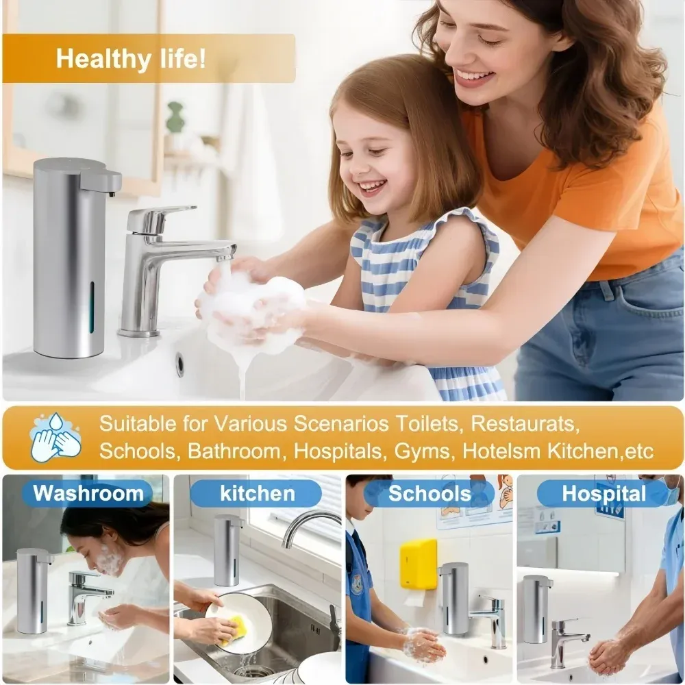 Distributeur automatique de savon mousse en acier inoxydable à capteur infrarouge sans contact, à fixer au mur, pour salle de bain et cuisine 6
