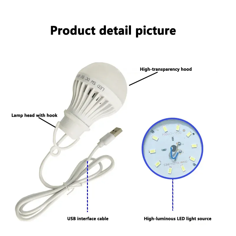 Lampe USB portable 3 W, 5 W et 7 W pour camping, lecture et éclairage de secours en plein air 4