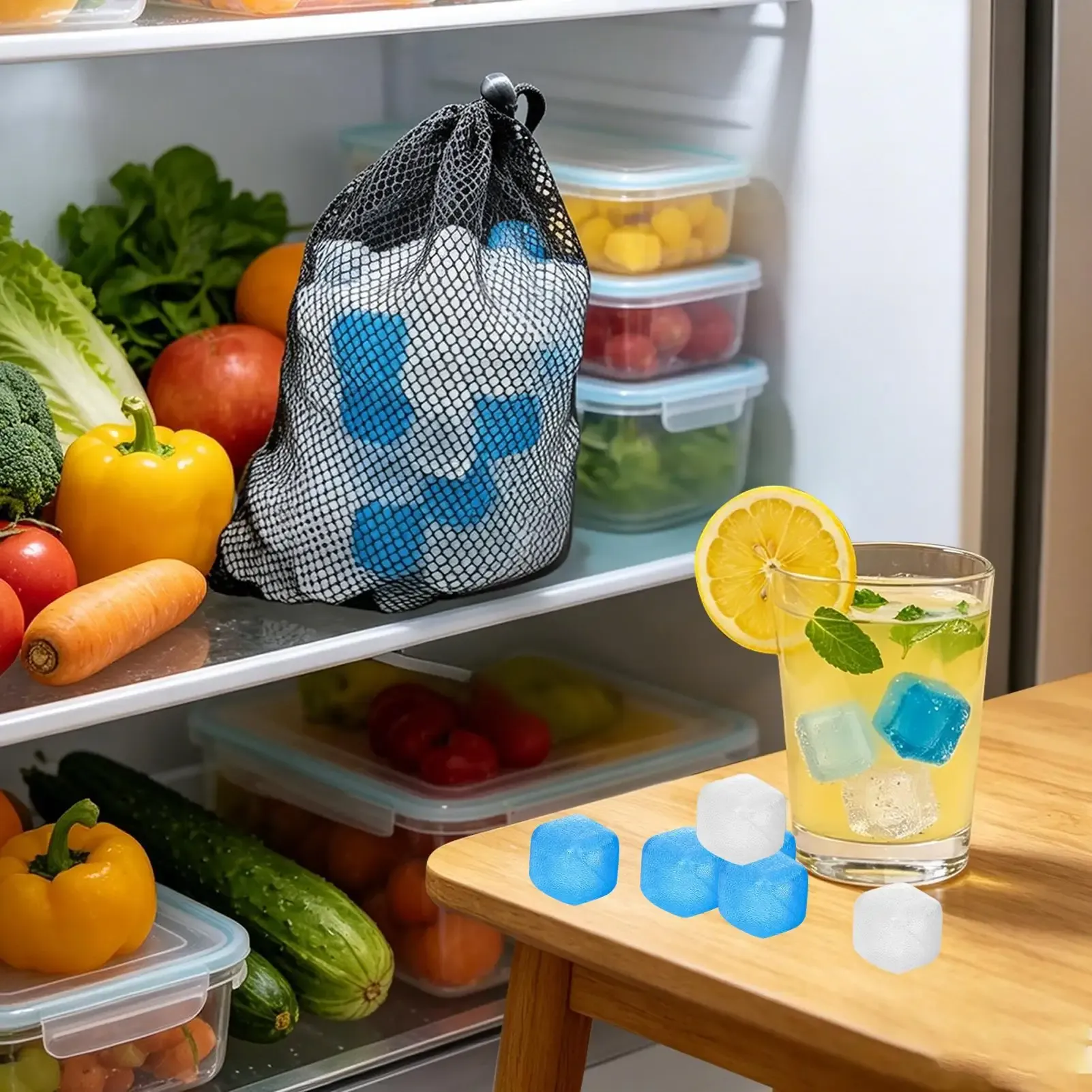 Cubes de glace réutilisables en plastique sans dilution, avec sac en filet, pour cocktails et boissons 2