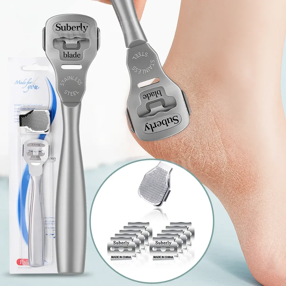 Rasoir à pieds en acier inoxydable avec manche en bois, kit de pédicure de 10 pièces