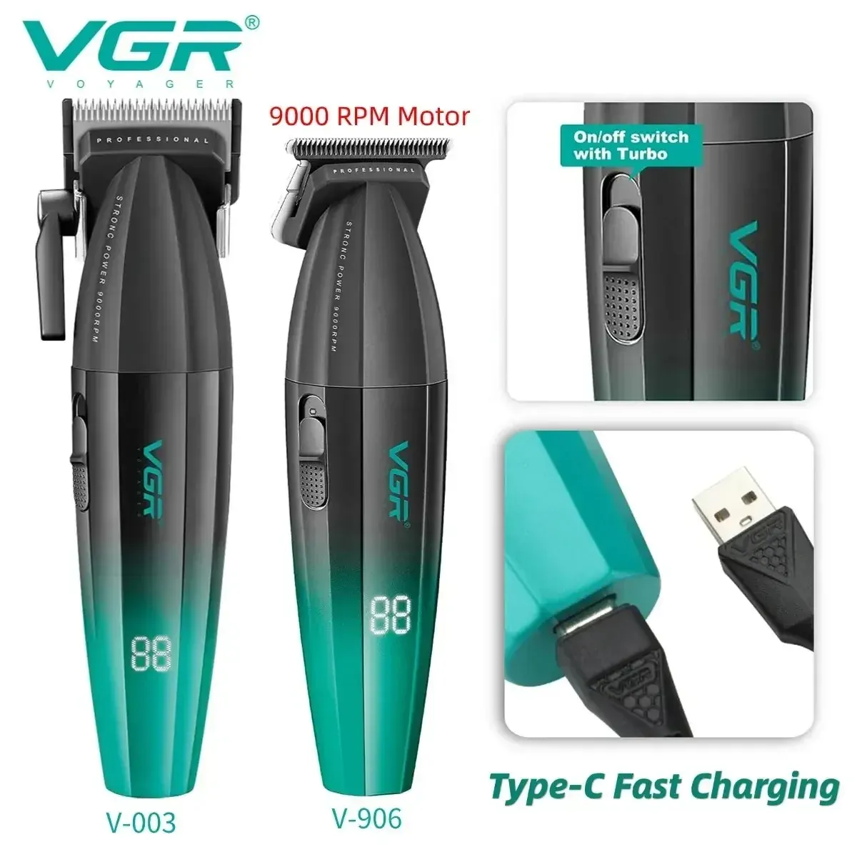 VgazHair Tondeuse à cheveux sans fil professionnelle, machine électrique de coupe 9000 tr/min pour hommes, modèles V-003 et V-906 - Image 1