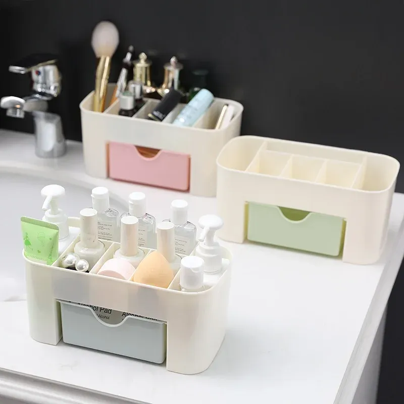 Organisateur de maquillage à 1 tiroir, organiseur de bureau à 6 compartiments, boîte de rangement pour cosmétiques, vernis à ongles, rouge à lèvres, pinceaux et bijoux 3