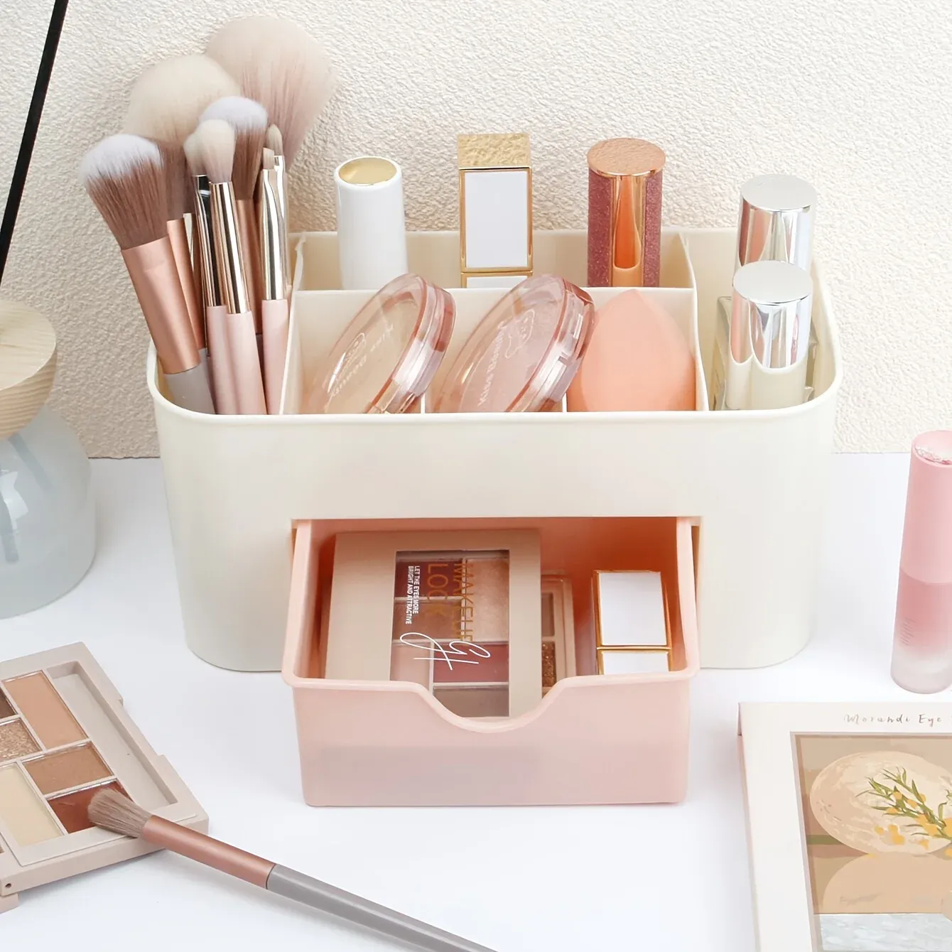 Organisateur de maquillage à 1 tiroir, organiseur de bureau à 6 compartiments, boîte de rangement pour cosmétiques, vernis à ongles, rouge à lèvres, pinceaux et bijoux 2